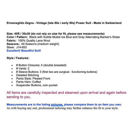 Vtg Ermenegildo Zegna 40R 30x30 Black Subtle Stripe Double Breasted Power Suit - Picture 2 of 16